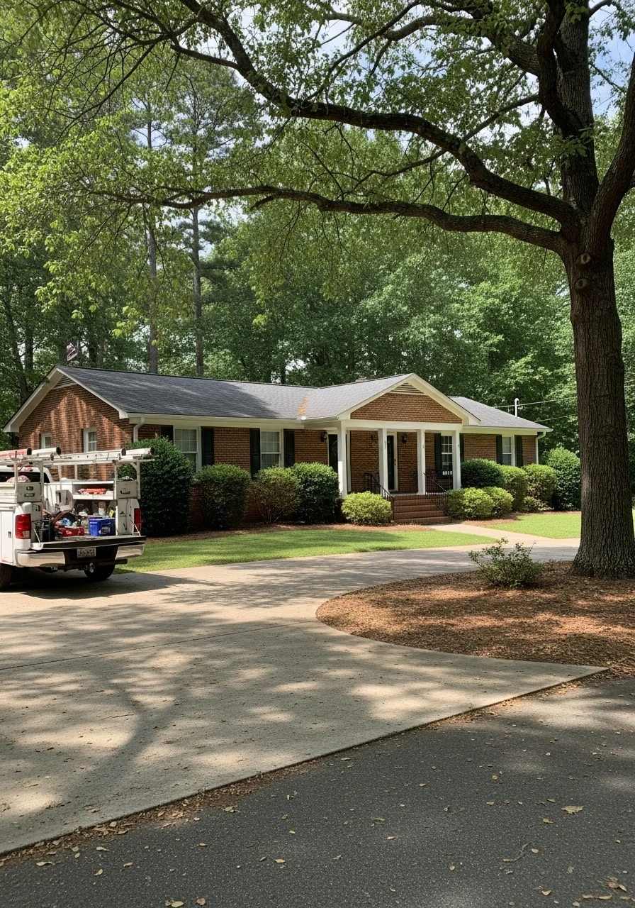 Farmville residential property with mature landscaping and clear sky.