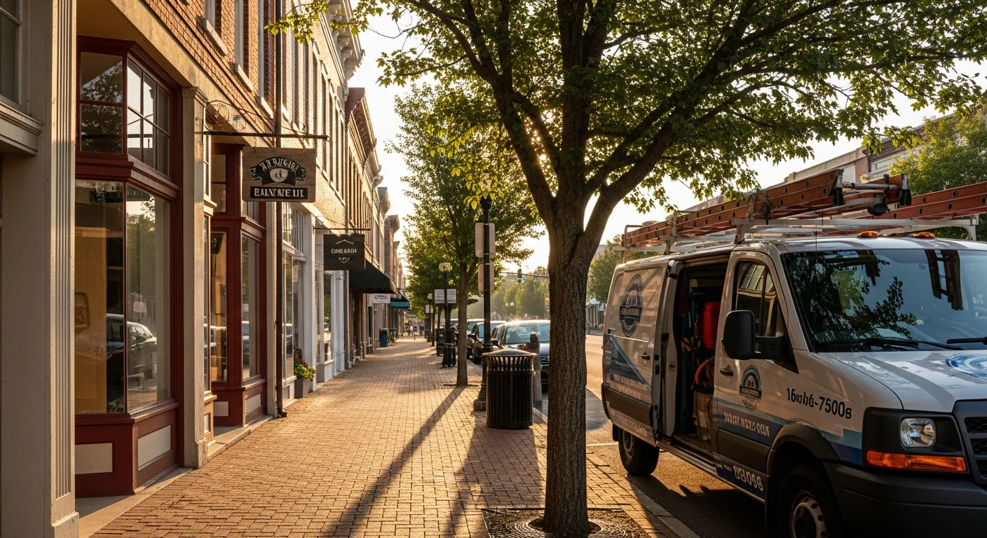 Greenville downtown street with historic brick buildings and tree-lined sidewalks on a clear day.