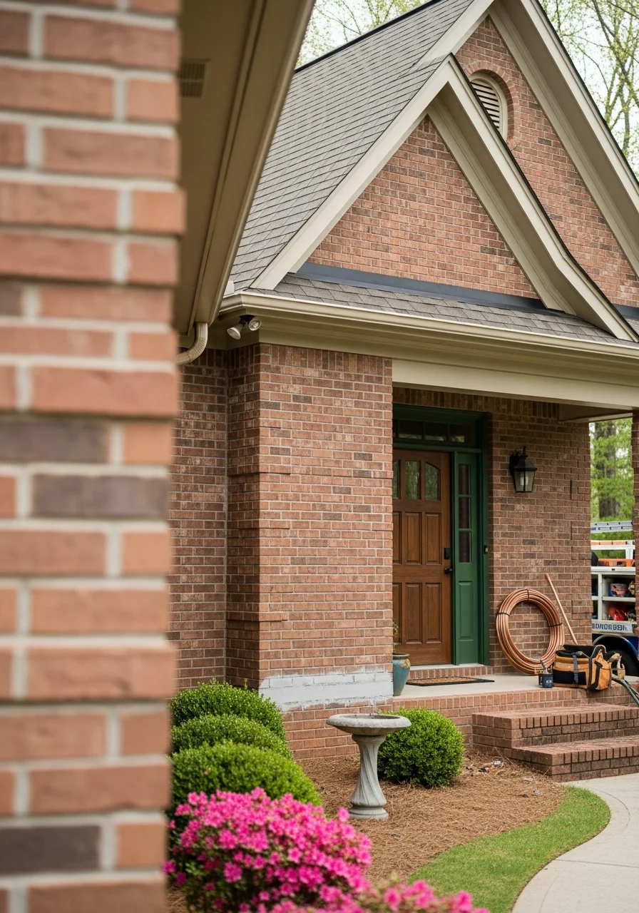 Brick residential home with front porch in a Rocky Mount neighborhood.