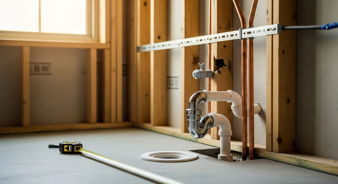 A newly installed bathroom plumbing rough-in inside a Greenville, SC home, showing copper and PVC supply and drain lines secured to wall studs before drywall. A finished bathroom in a Greenville residential property with a wall-mount sink, toilet, and visible clean supply line connections at the floor.