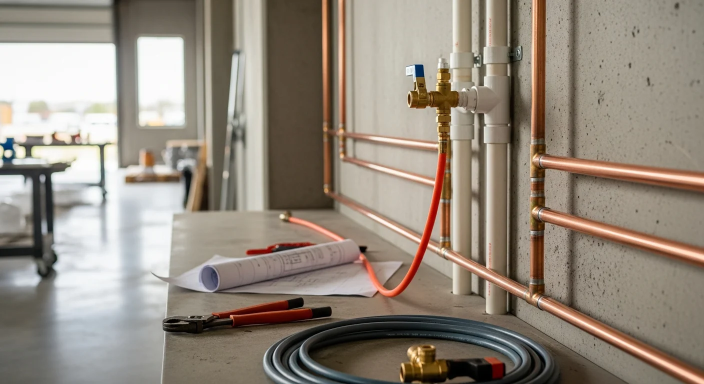 A licensed plumber installing commercial water supply lines and drain piping inside a newly framed commercial building in Greenville, SC. Copper and PVC rough-in work is visible along the framed walls ahead of drywall installation.