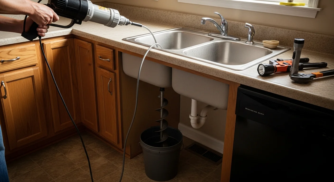A plumber using a professional drain auger to clear a clogged kitchen sink drain in a Greenville, SC home. The under-sink pipes are visible and the drain line runs toward the wall.