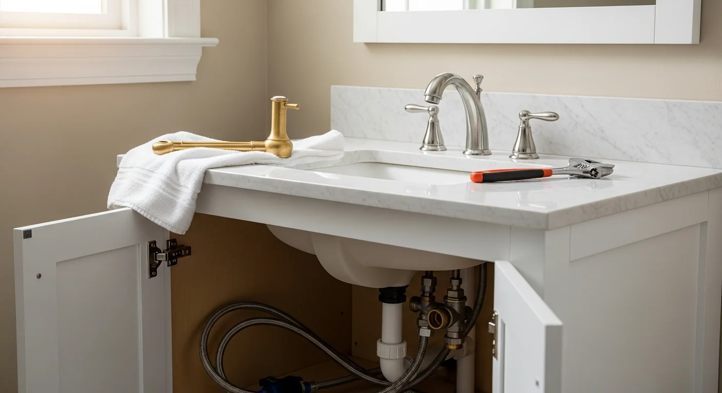 A newly installed chrome bathroom faucet on a white sink inside a Greenville home, with clean supply lines and no visible drips or corrosion. The surrounding vanity countertop shows a finished, leak-free fixture replacement by JCC Plumbing.