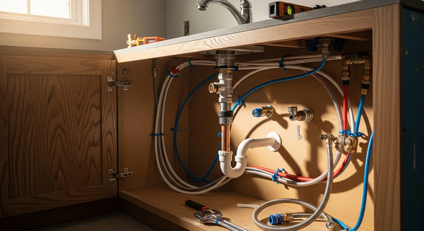 A licensed plumber connecting supply lines and drain fittings under a kitchen sink during a new installation in a Greenville home. The cabinet interior shows clean copper and PVC runs with shutoff valves in place.