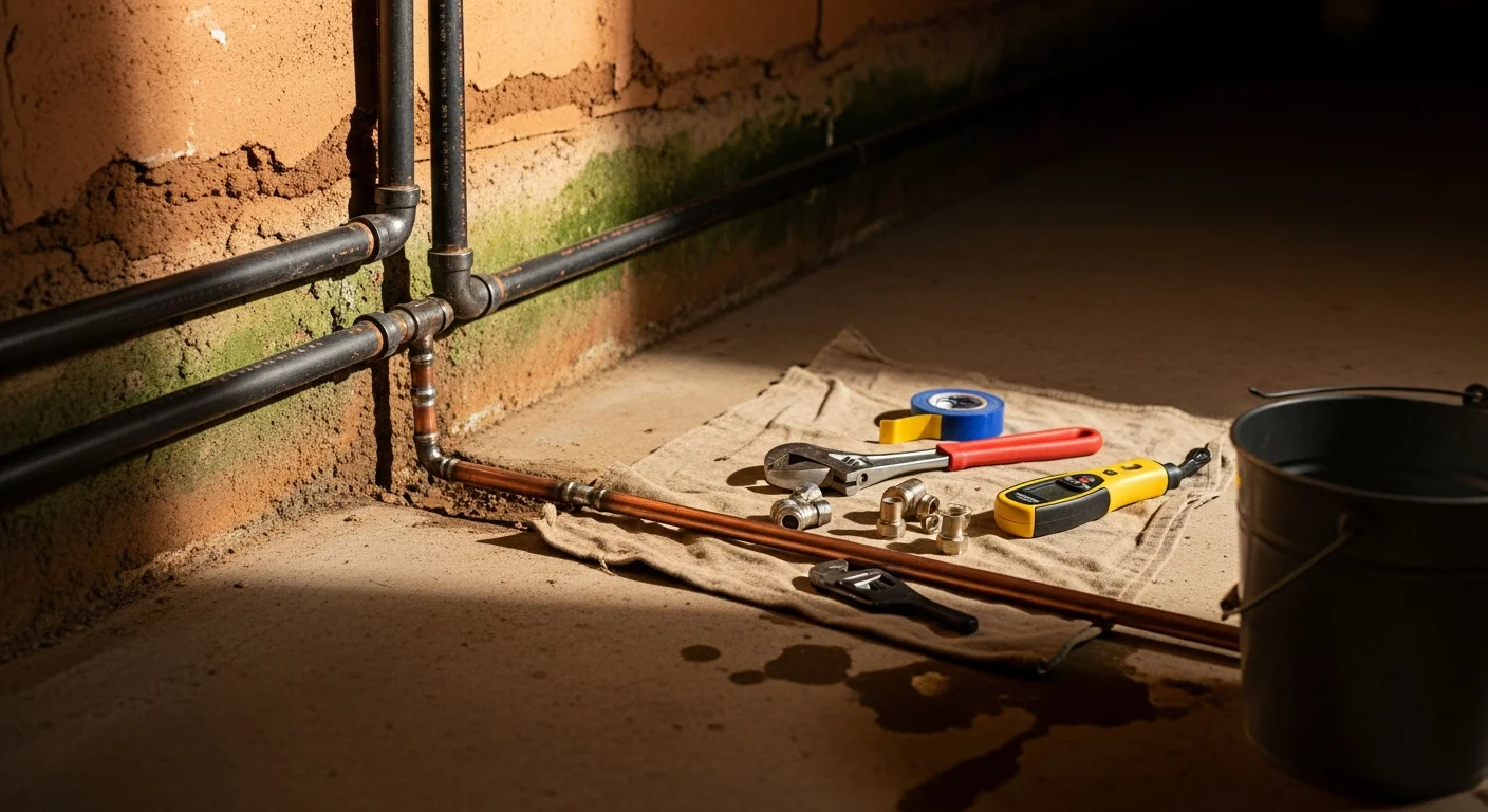 A plumber inspecting a leaking pipe joint inside a crawl space beneath a Greenville home. Water staining is visible on the surrounding wood framing near the repair area.