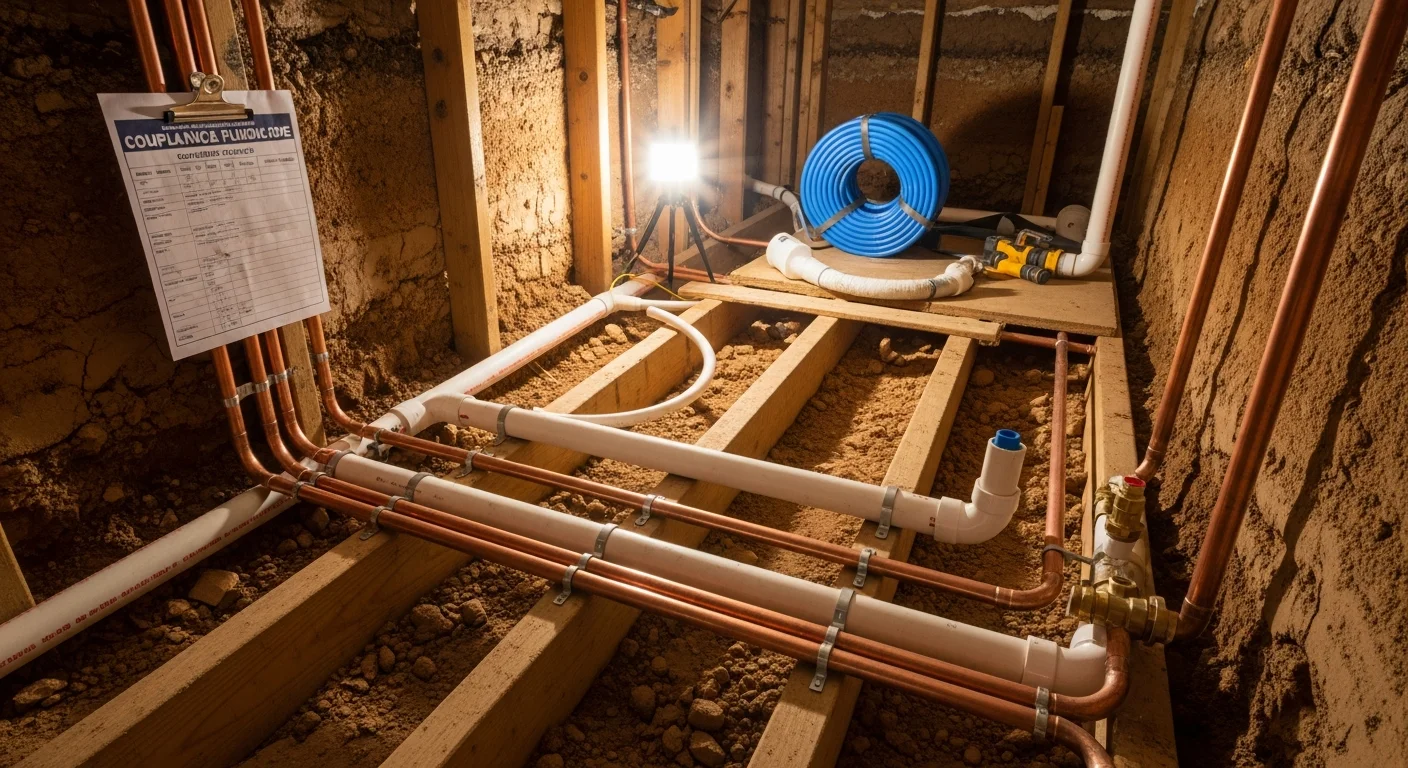 A licensed plumber installing new water supply and drain lines inside the crawl space of a residential home in Greenville, SC. Pipes are secured to floor joists with visible rough-in connections ready for inspection.