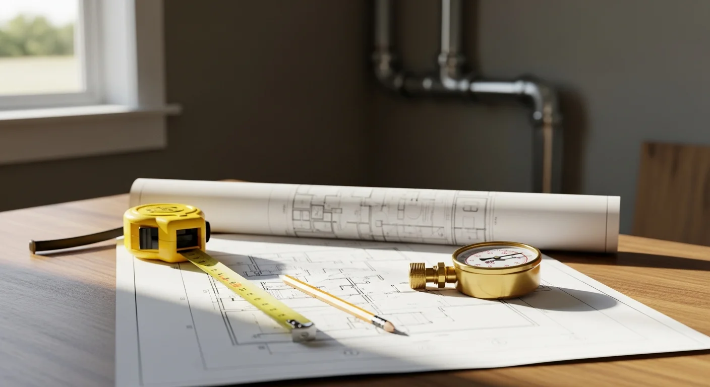 A plumber reviewing a residential plumbing layout diagram at a Greenville home, with supply and drain line routes marked across a floor plan. The consultation takes place in a single-story home with a crawlspace foundation typical of established Greenville neighborhoods.