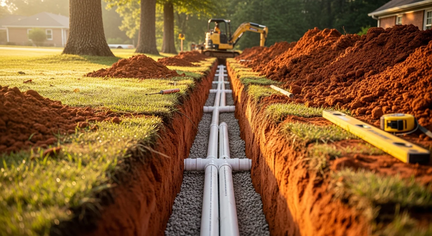 A freshly trenched residential yard in Greenville showing a new sewer pipe laid in compacted bedding material before backfill. The trench runs from the home's foundation toward the street connection point.
