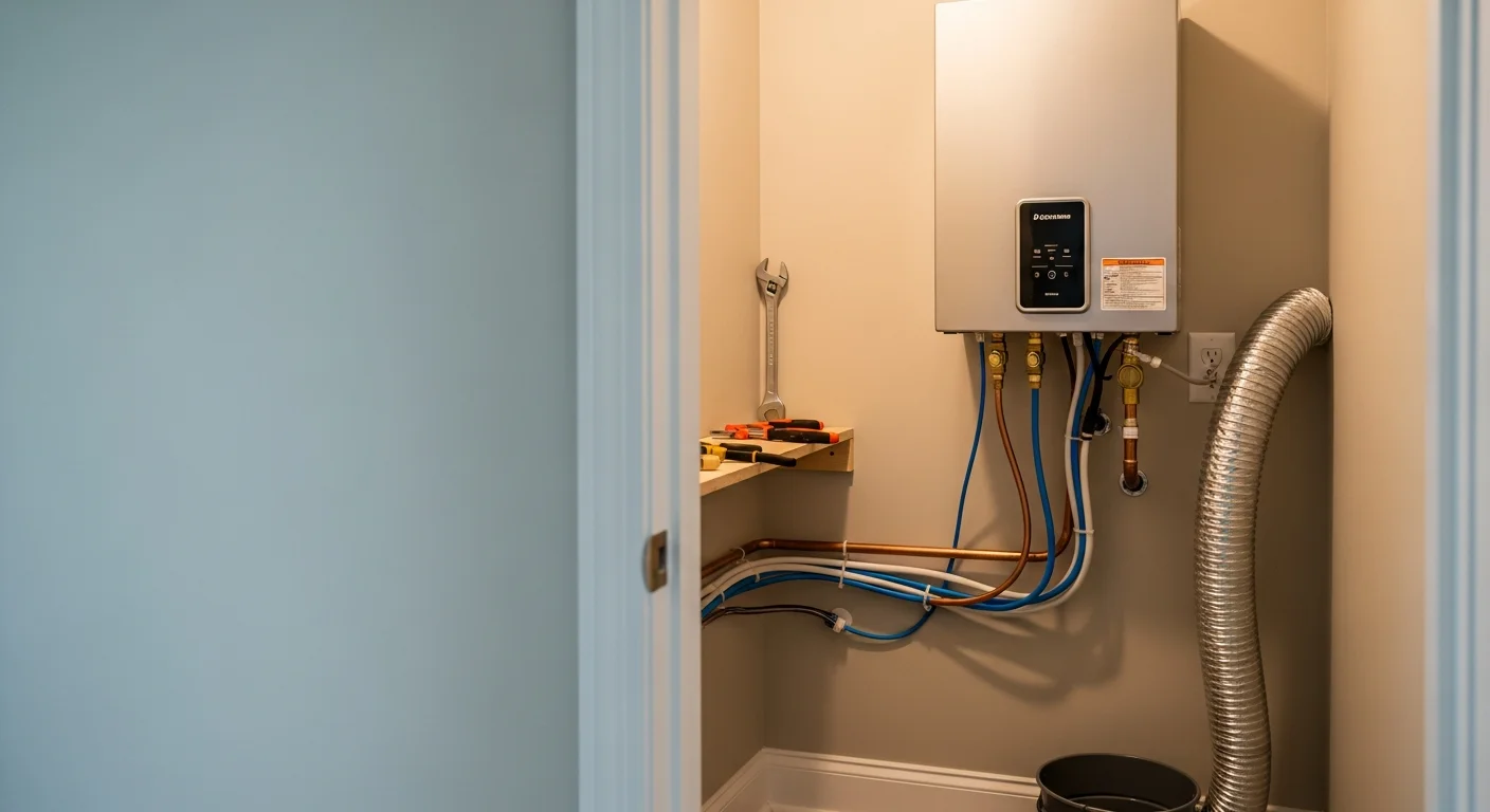 A wall-mounted tankless water heater installed in a Greenville home utility area, with copper water lines and a gas connection visible. The old tank unit has been removed and the space around the new unit is clean and clear.