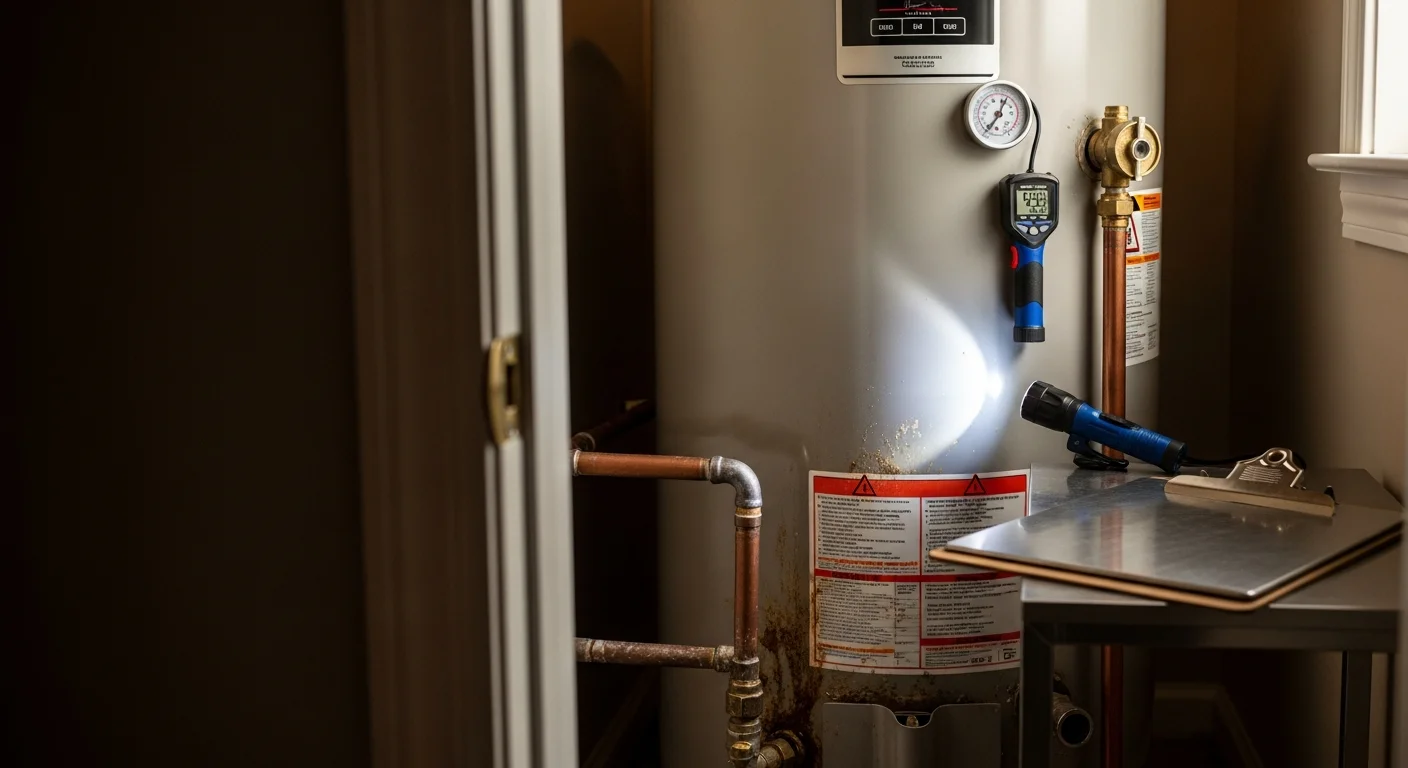 A plumber inspecting a tank-style water heater in a Greenville home utility closet, checking connections and the pressure relief valve. The unit shows signs of age with minor corrosion visible on the fittings.
