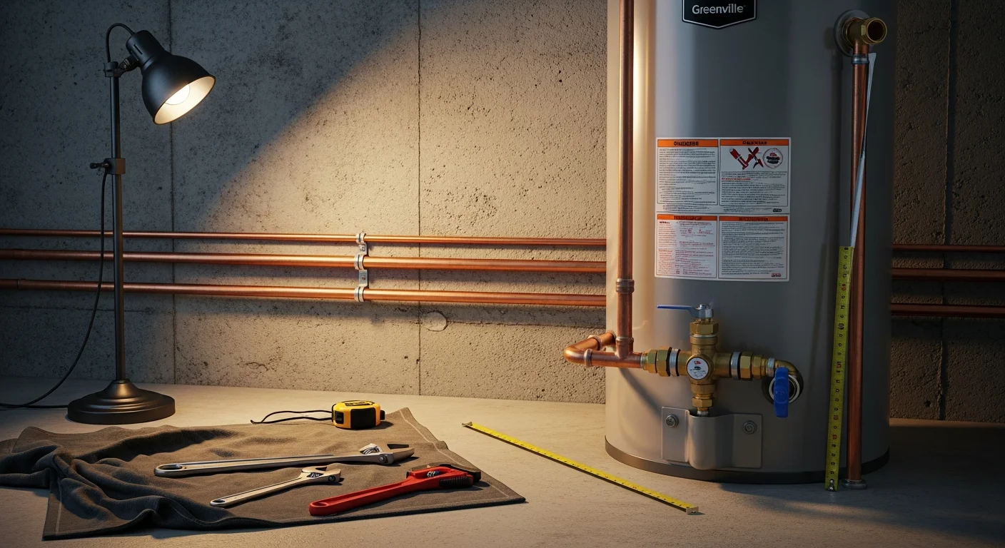 A newly installed tank water heater in a Greenville, SC home utility room, with clean copper supply lines and a pressure relief valve properly connected. A licensed plumber from JCC Plumbing checks the gas connection during the final inspection.