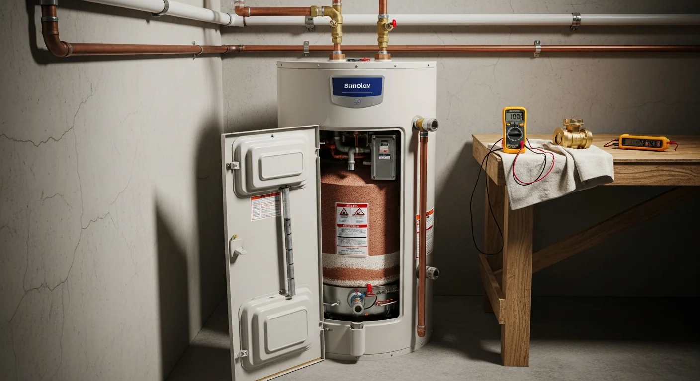 A plumber inspecting a residential tank water heater in a utility room of a Greenville, SC home. The image shows the technician checking the pressure relief valve and connections on the unit.