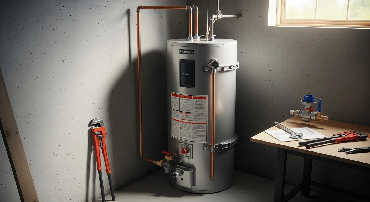 A newly installed tank water heater connected to copper supply lines inside a Greenville home utility closet. A plumber from JCC Plumbing checks the pressure relief valve after completing the water heater replacement.