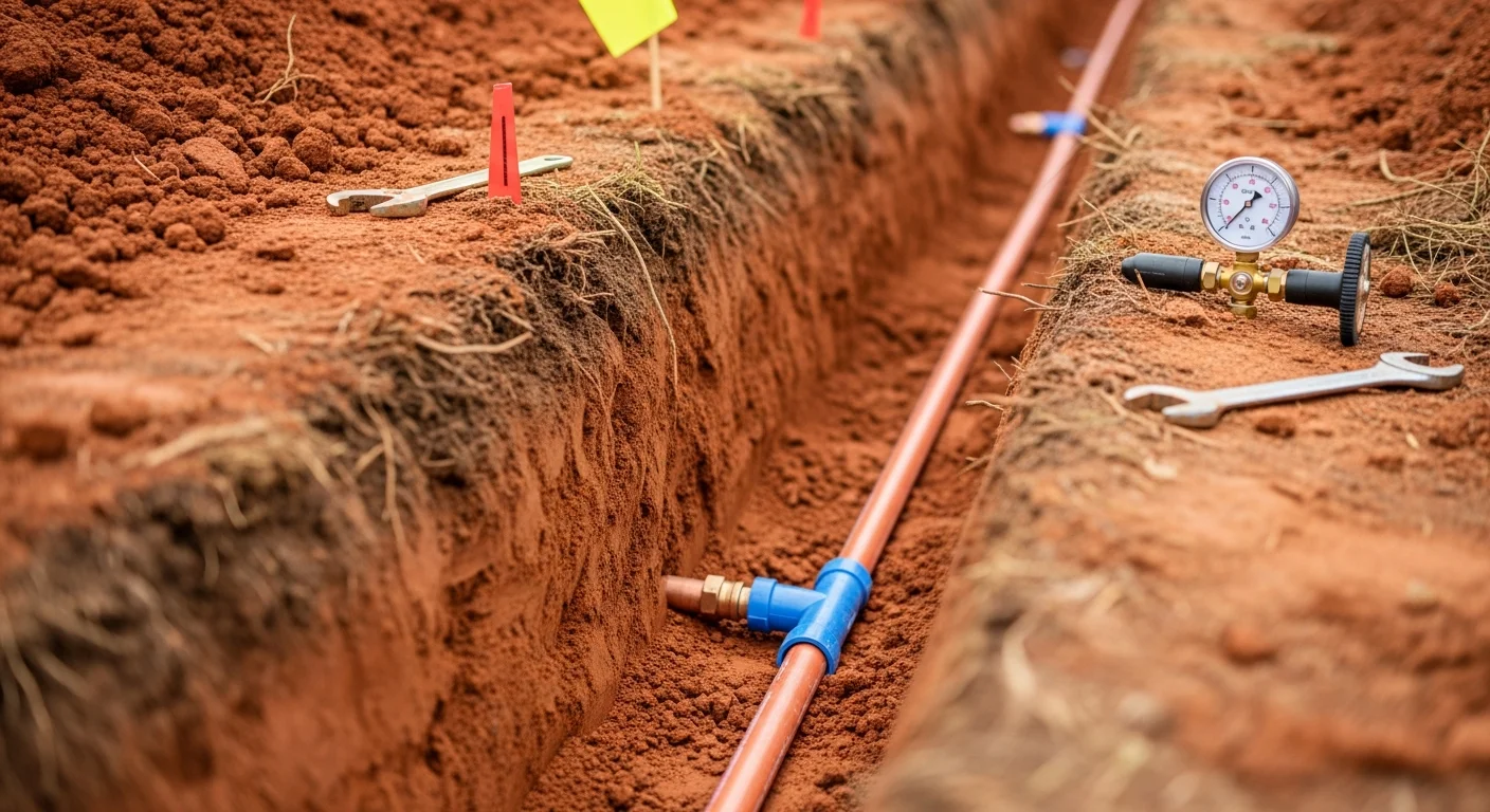 A plumber from JCC Plumbing inspecting a newly installed underground water line in a Greenville residential yard, with compacted red clay soil visible along the open trench.